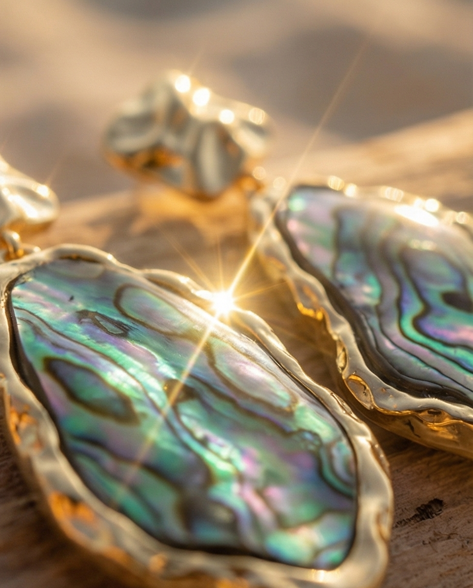 Gold earrings with abalone shell design on a wooden surface