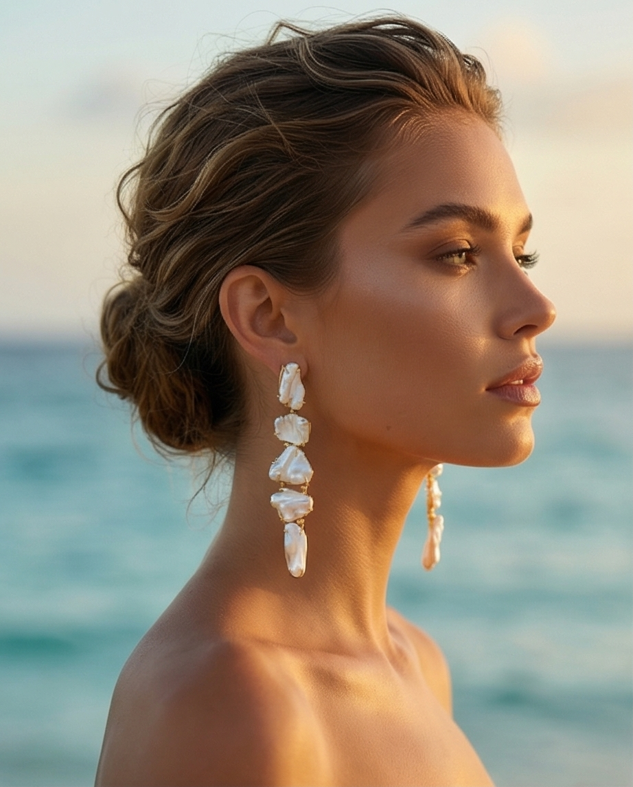 Woman wearing large, drop earrings with a blurred beach background