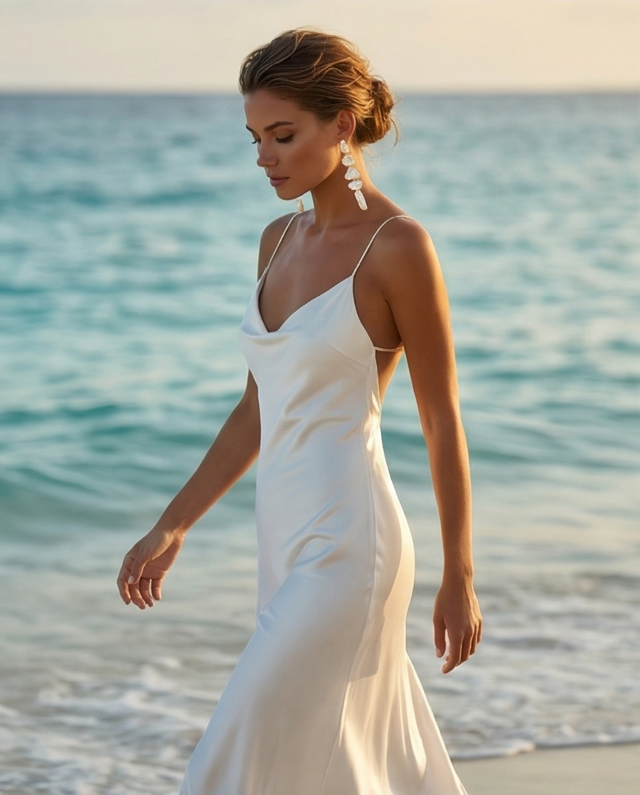 Woman in a white dress standing on a beach with ocean in the background