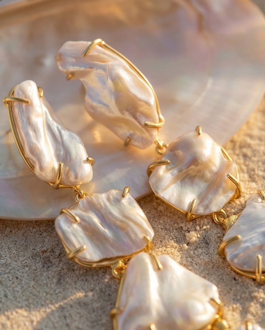 Pearl earrings with gold accents on a shell background