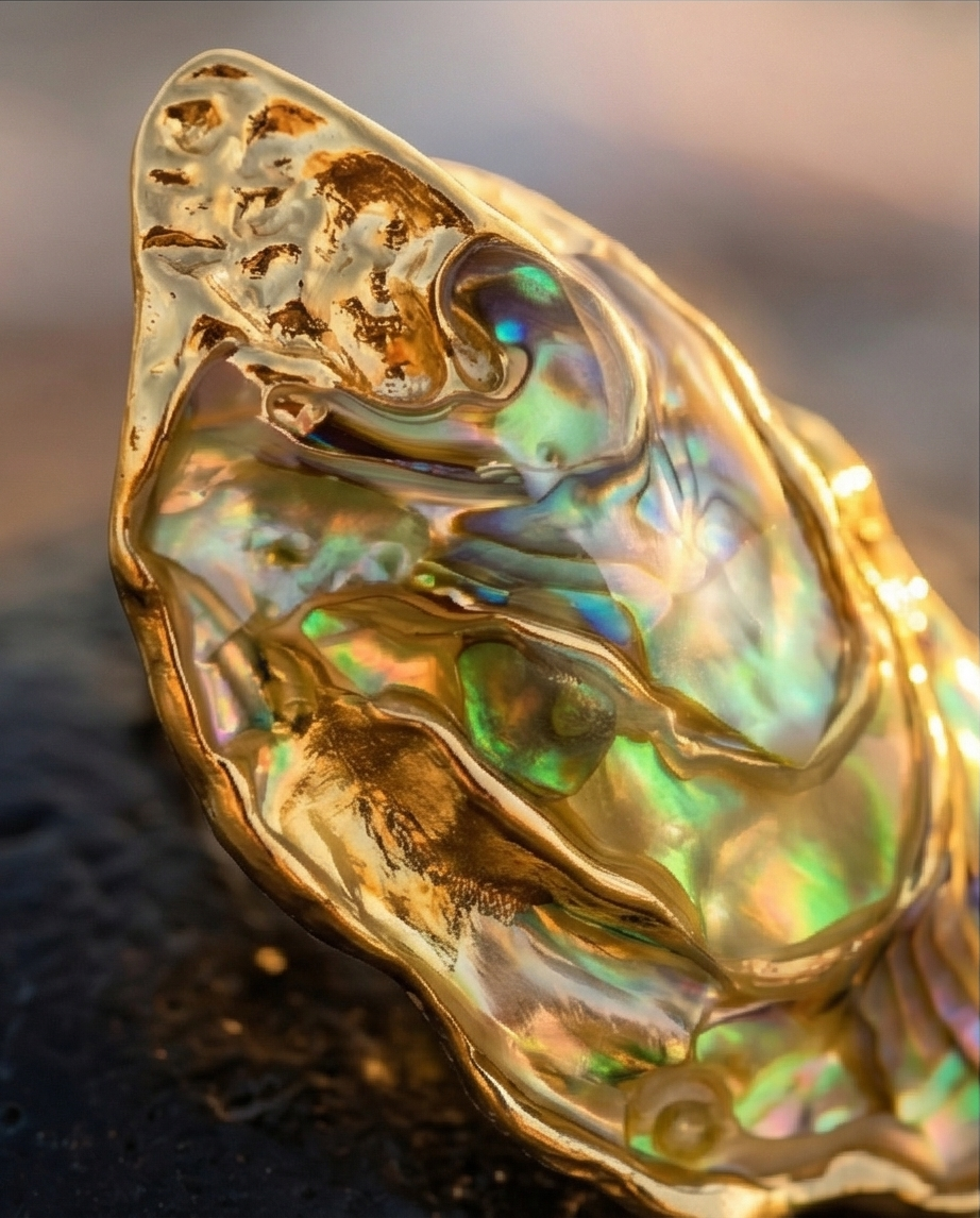 Close-up of a gold ring with an opal stone on a textured surface