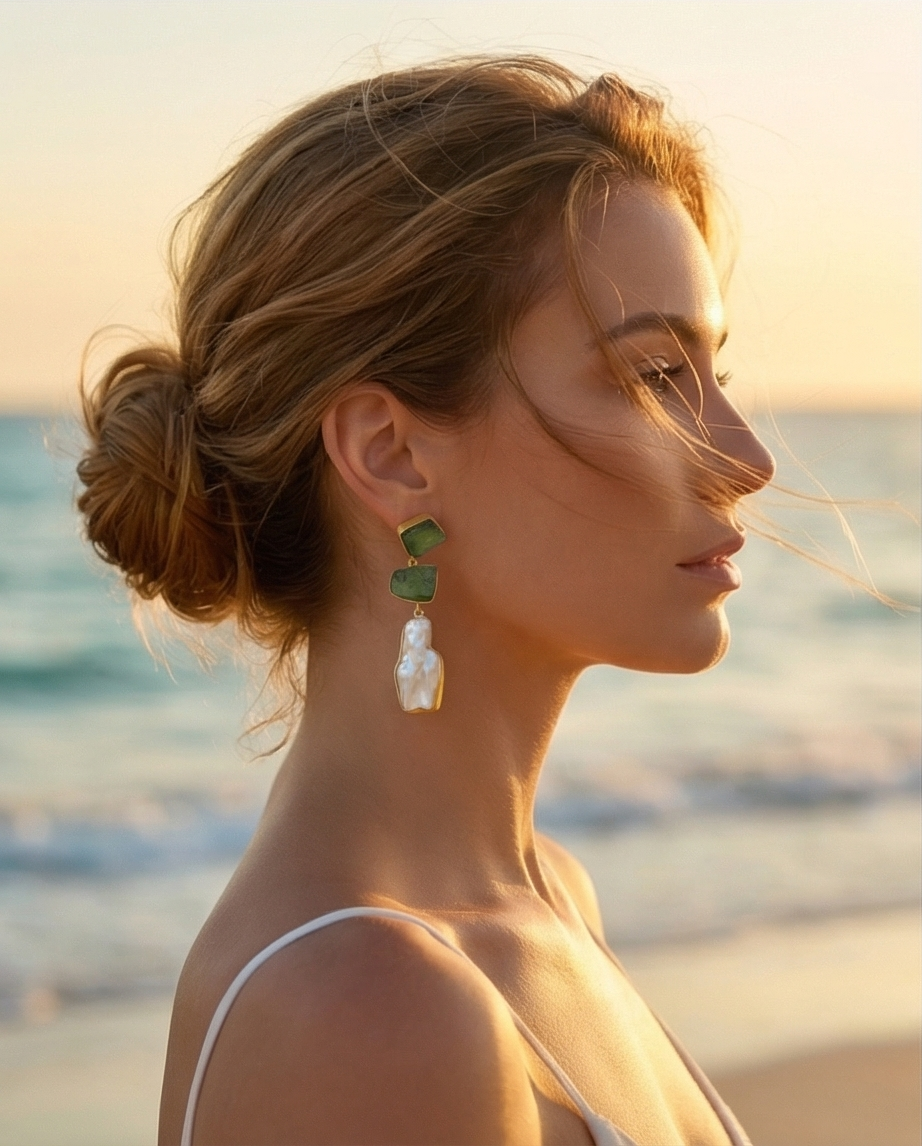 Woman with styled hair and earrings on a beach at sunset, ocean inspired handmade jewellery
