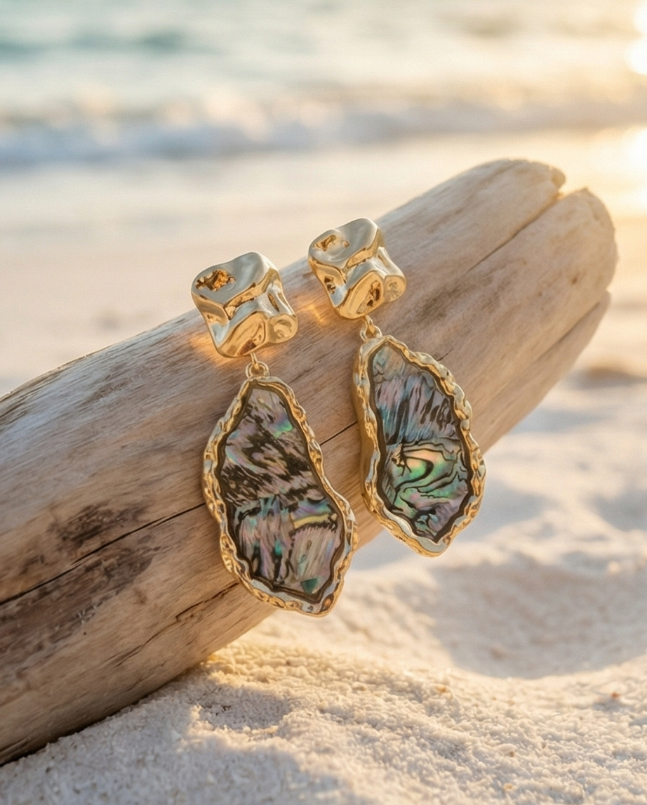 Gold earrings with colorful stones on a piece of driftwood by the beach.