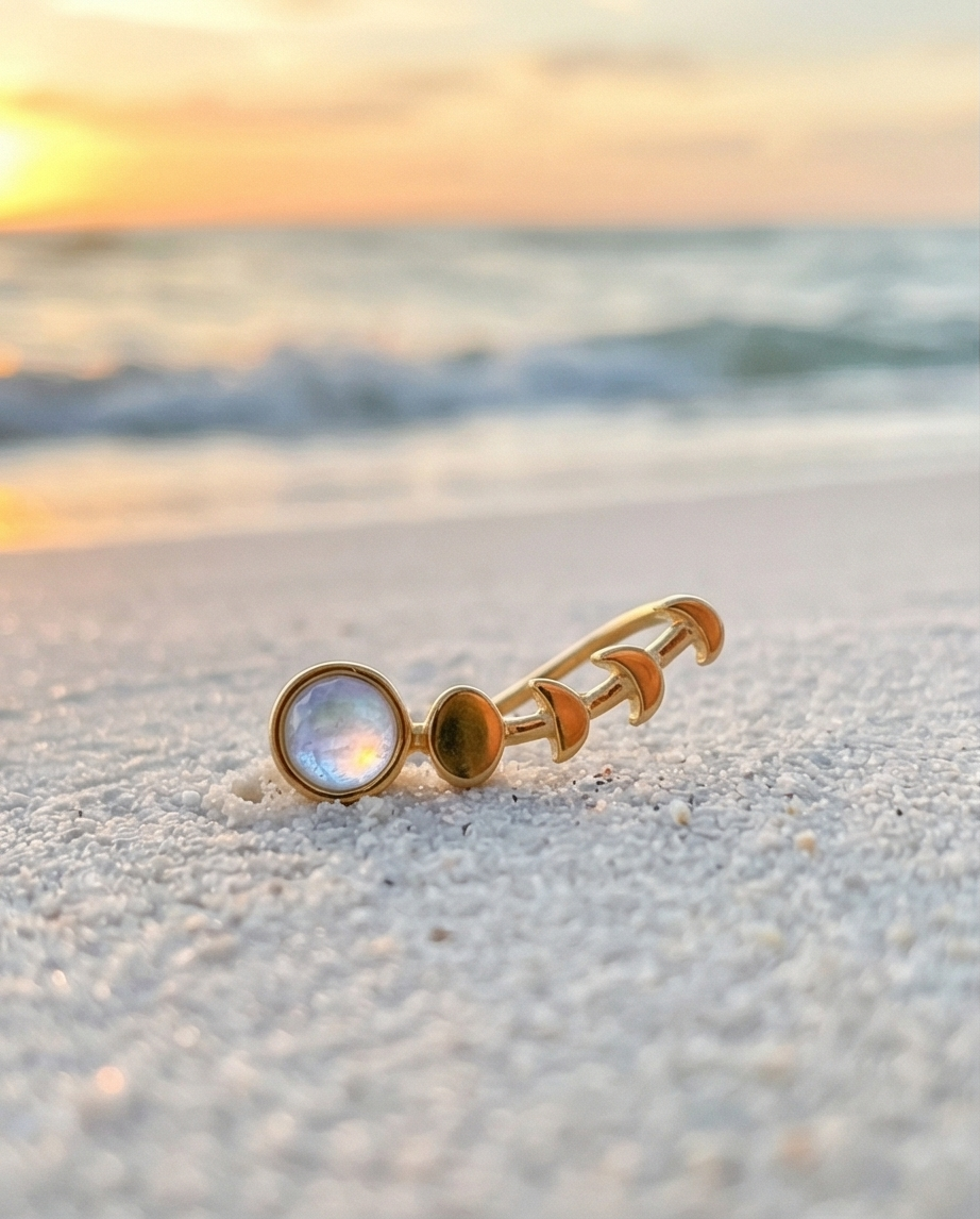 Gold ear climber with moonstone on a sandy beach at sunset