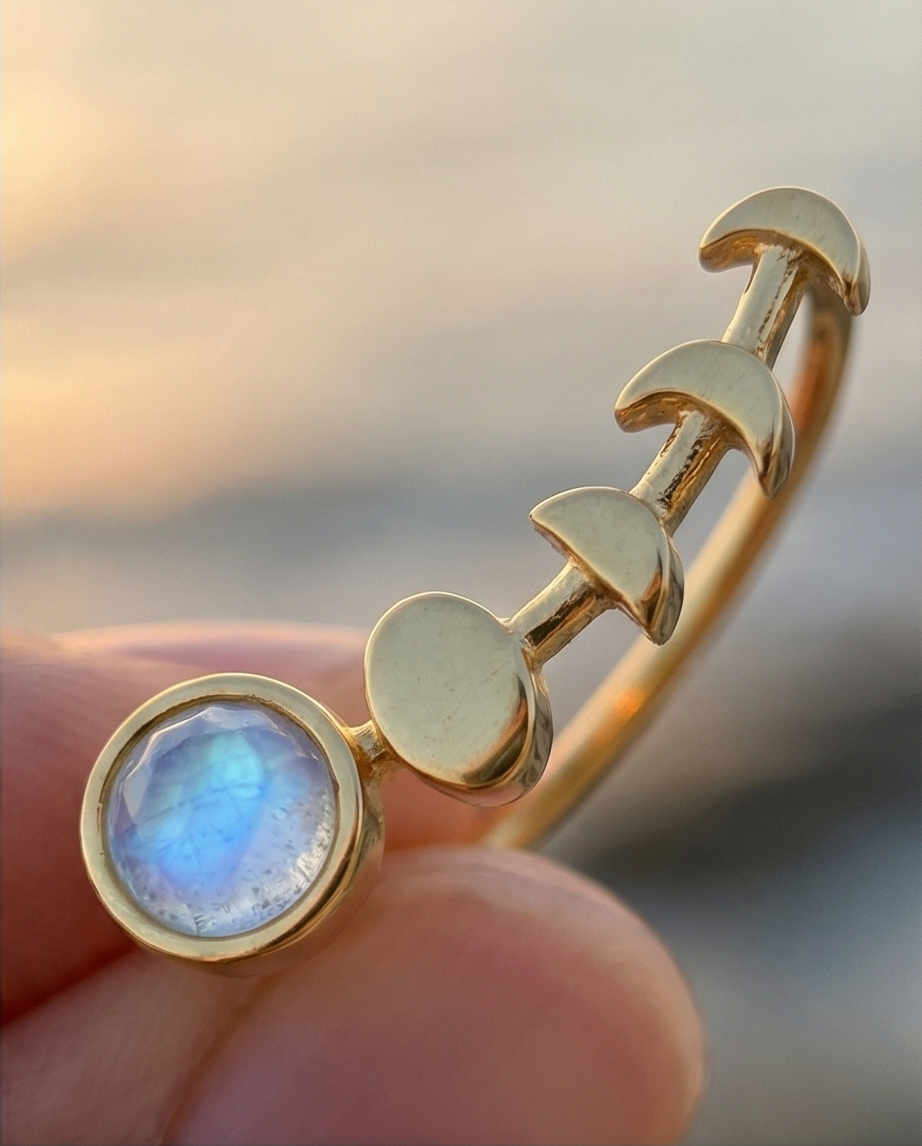 Gold ear climber with a moonstone held in hand against a blurred background
