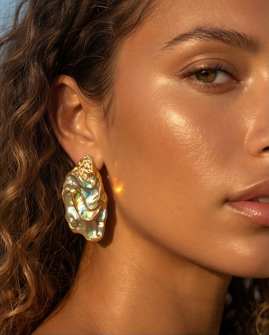 Close-up of a woman wearing a gold earring with a gemstone.