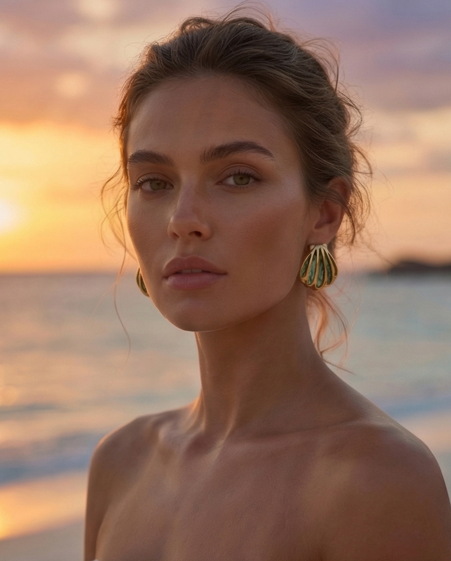 Woman with earrings against a sunset beach background