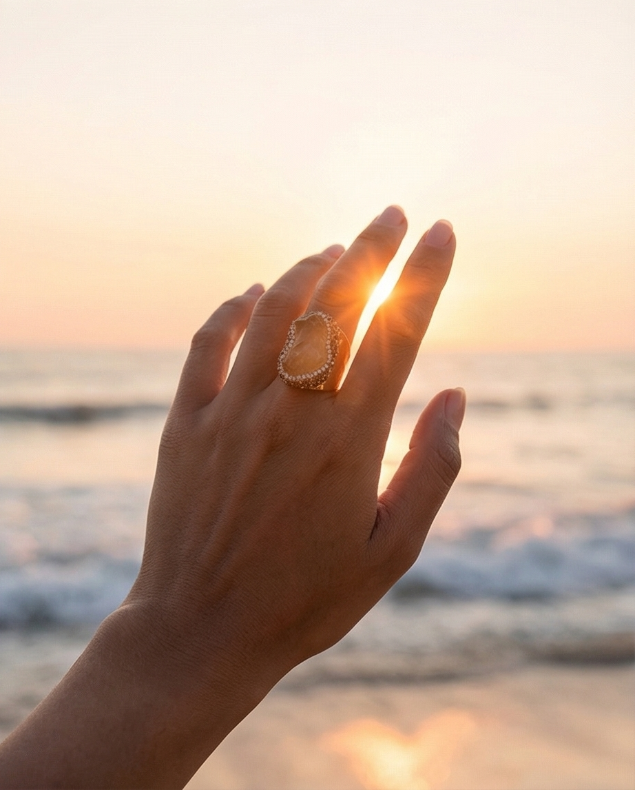Hand with a ring holding the sun at sunset on a beach